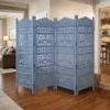 Jumbo 4 Panel Folding Room Divider Screen, Antique Blue Mango Wood, Elephant Motif Carved Design