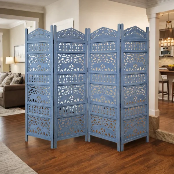 Jumbo 4 Panel Folding Room Divider Screen, Antique Blue Mango Wood, Elephant Motif Carved Design