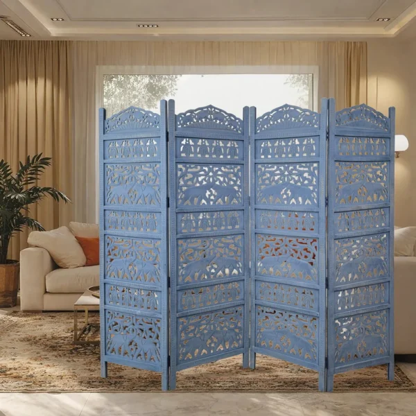 Jumbo 4 Panel Folding Room Divider Screen, Antique Blue Mango Wood, Elephant Motif Carved Design