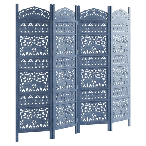 Jumbo 4 Panel Folding Room Divider Screen, Antique Blue Mango Wood, Elephant Motif Carved Design