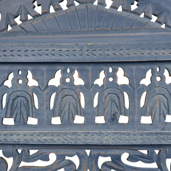 Jumbo 4 Panel Folding Room Divider Screen, Antique Blue Mango Wood, Elephant Motif Carved Design