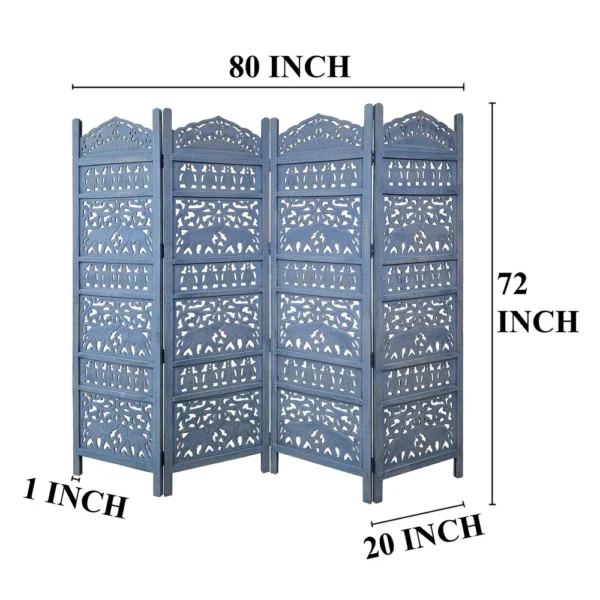 Jumbo 4 Panel Folding Room Divider Screen, Antique Blue Mango Wood, Elephant Motif Carved Design