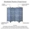 Jumbo 4 Panel Folding Room Divider Screen, Antique Blue Mango Wood, Elephant Motif Carved Design