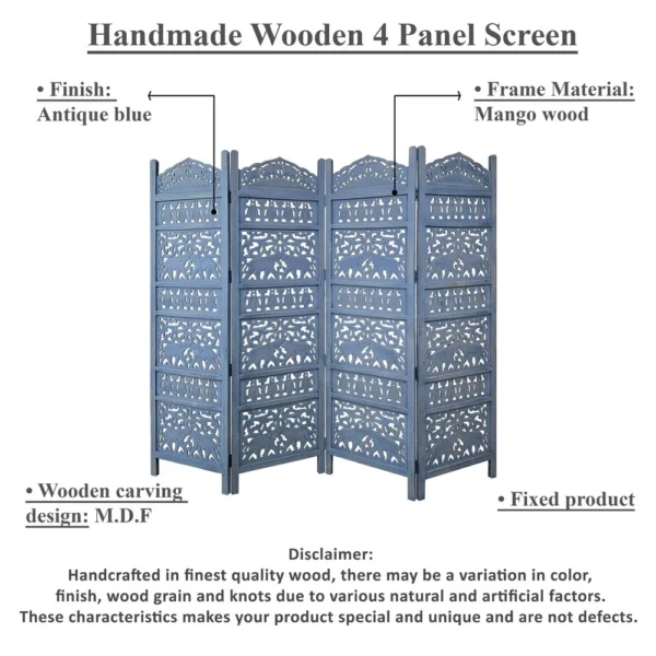 Jumbo 4 Panel Folding Room Divider Screen, Antique Blue Mango Wood, Elephant Motif Carved Design