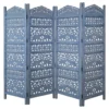 Jumbo 4 Panel Folding Room Divider Screen, Antique Blue Mango Wood, Elephant Motif Carved Design