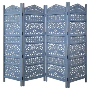 Jumbo 4 Panel Folding Room Divider Screen, Antique Blue Mango Wood, Elephant Motif Carved Design