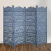 Jumbo 4 Panel Folding Room Divider Screen, Antique Blue Mango Wood, Elephant Motif Carved Design