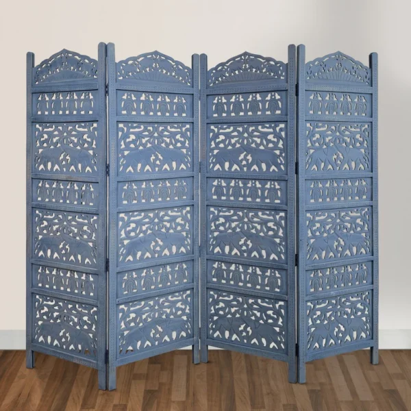 Jumbo 4 Panel Folding Room Divider Screen, Antique Blue Mango Wood, Elephant Motif Carved Design