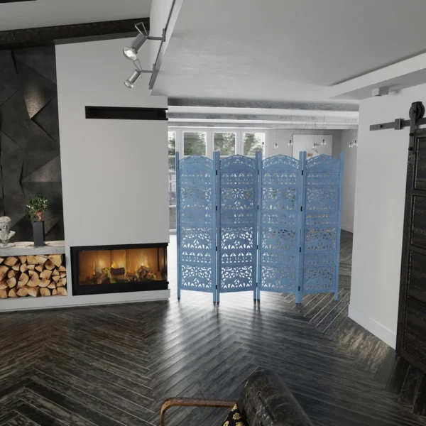 Jumbo 4 Panel Folding Room Divider Screen, Antique Blue Mango Wood, Elephant Motif Carved Design