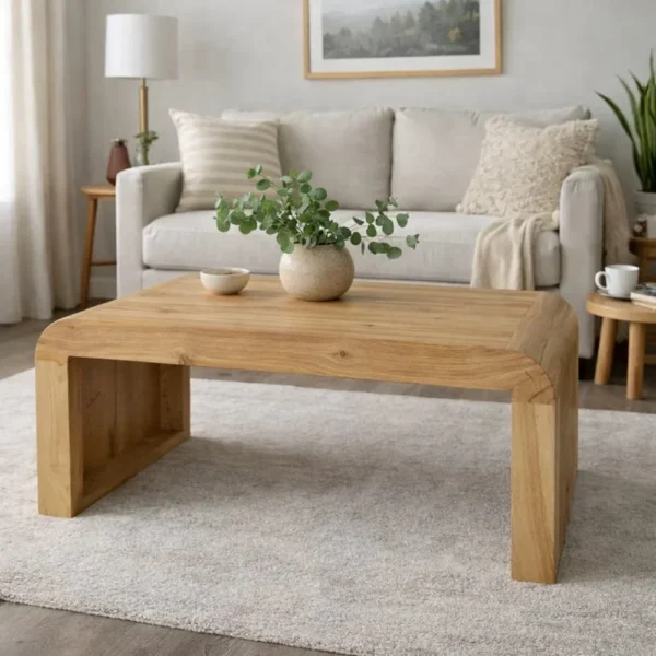 UPT-314336_12 Cascade 36 Inch Coffee Table, Handcrafted Natural Acacia Wood, Rectangular Curved Waterfall Top