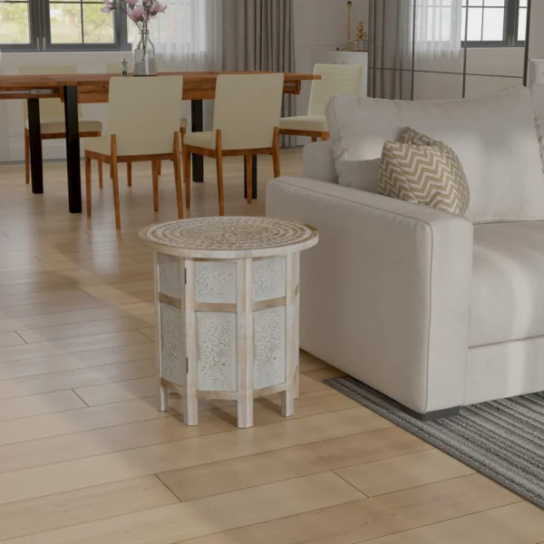 Accent Side Table, Mango Wood 18 Inch Round Top, Hand Carved Inlay Mandala Design, Washed White