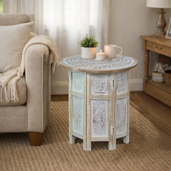 Accent Side Table, Mango Wood 18 Inch Round Top, Hand Carved Inlay Mandala Design, Washed White