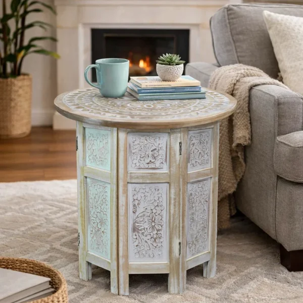 Accent Side Table, Mango Wood 18 Inch Round Top, Hand Carved Inlay Mandala Design, Washed White