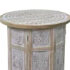 Accent Side Table, Mango Wood 18 Inch Round Top, Hand Carved Inlay Mandala Design, Washed White