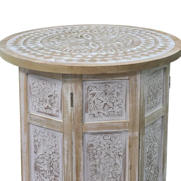 Accent Side Table, Mango Wood 18 Inch Round Top, Hand Carved Inlay Mandala Design, Washed White