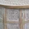 Accent Side Table, Mango Wood 18 Inch Round Top, Hand Carved Inlay Mandala Design, Washed White
