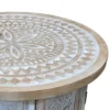Accent Side Table, Mango Wood 18 Inch Round Top, Hand Carved Inlay Mandala Design, Washed White