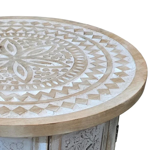 Accent Side Table, Mango Wood 18 Inch Round Top, Hand Carved Inlay Mandala Design, Washed White