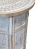 Accent Side Table, Mango Wood 18 Inch Round Top, Hand Carved Inlay Mandala Design, Washed White