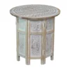 Accent Side Table, Mango Wood 18 Inch Round Top, Hand Carved Inlay Mandala Design, Washed White