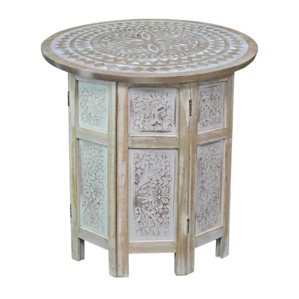 Accent Side Table, Mango Wood 18 Inch Round Top, Hand Carved Inlay Mandala Design, Washed White