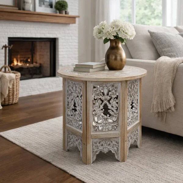 UPT-315246_12 Accent Side Table, 24 Inch Round Top, Mango Wood Floral Cut Out Carved Motifs, Washed White