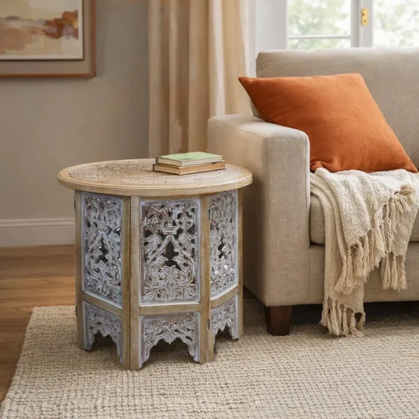UPT-315246_13 Accent Side Table, 24 Inch Round Top, Mango Wood Floral Cut Out Carved Motifs, Washed White