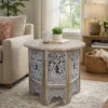 UPT-315246_14 Accent Side Table, 24 Inch Round Top, Mango Wood Floral Cut Out Carved Motifs, Washed White