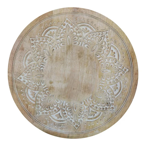 UPT-315246_2_3510d731-0076-4d60-88a7-4a2b8b7d126b Accent Side Table, 24 Inch Round Top, Mango Wood Floral Cut Out Carved Motifs, Washed White