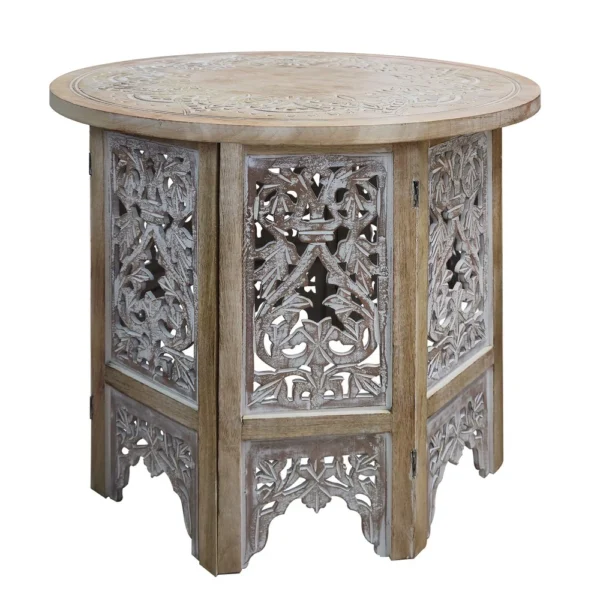 UPT-315246_5d4110ad-b8cf-4566-8c40-c0b5d28e1cae Accent Side Table, 24 Inch Round Top, Mango Wood Floral Cut Out Carved Motifs, Washed White