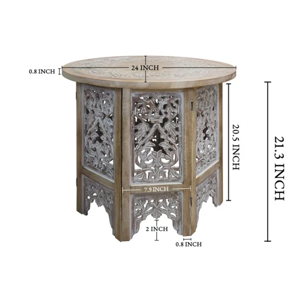 UPT-315246_6_c35f4b31-c361-40ce-9032-aa5fbee535e3 Accent Side Table, 24 Inch Round Top, Mango Wood Floral Cut Out Carved Motifs, Washed White