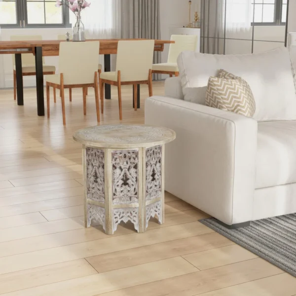 UPT-315246_9_a0e95c34-2bdb-4277-8d32-feef05e6618f Accent Side Table, 24 Inch Round Top, Mango Wood Floral Cut Out Carved Motifs, Washed White