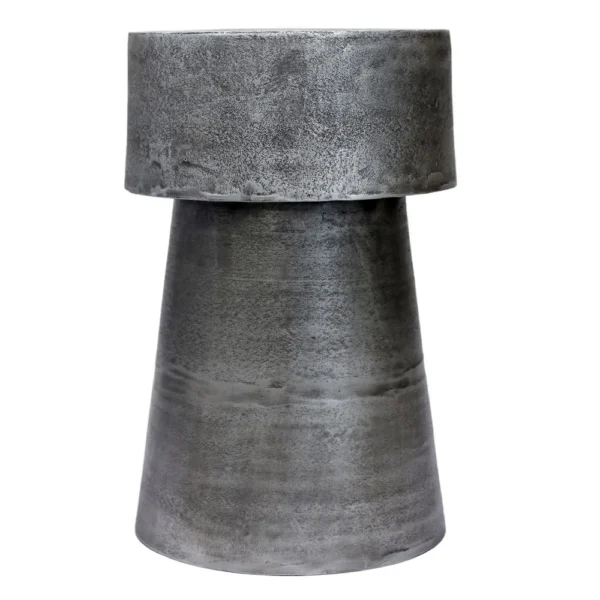 Vintage 23.6 Inch Accent Side Table, Round Top, Antique Silver Cast Aluminum Drum Base