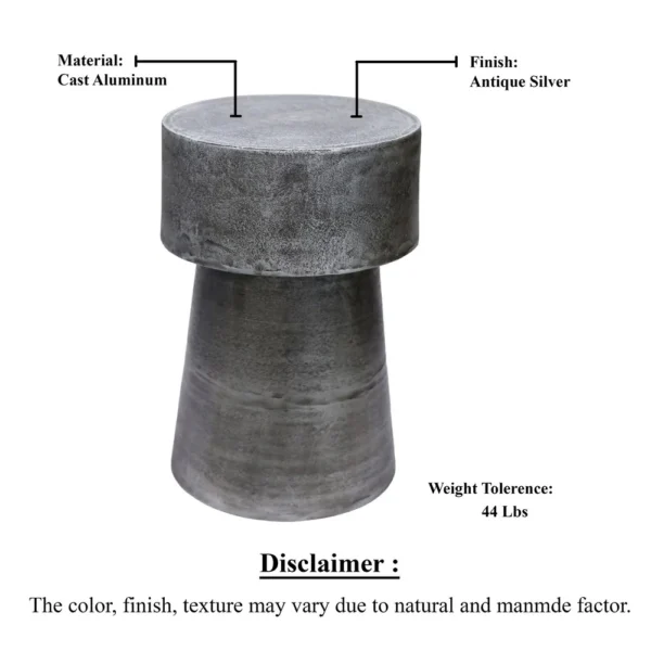 Vintage 23.6 Inch Accent Side Table, Round Top, Antique Silver Cast Aluminum Drum Base