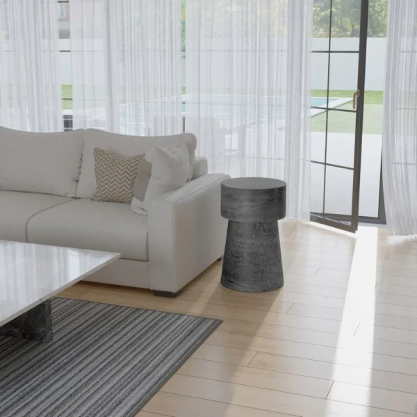 Vintage 23.6 Inch Accent Side Table, Round Top, Antique Silver Cast Aluminum Drum Base