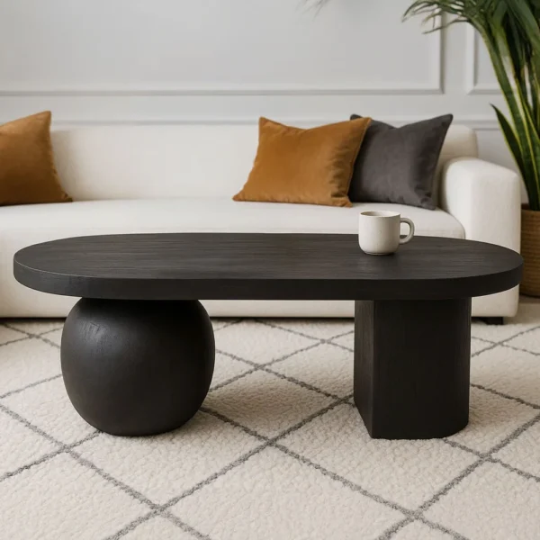 Uri 38 Inch Oval Coffee Table, Mango Wood Full and Half Spherical Leg, Sandblasted Black