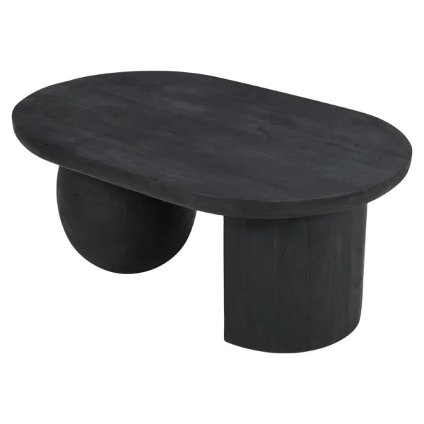 Uri 38 Inch Oval Coffee Table, Mango Wood Full and Half Spherical Leg, Sandblasted Black