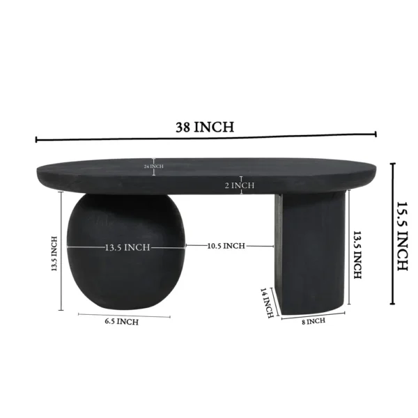 Uri 38 Inch Oval Coffee Table, Mango Wood Full and Half Spherical Leg, Sandblasted Black