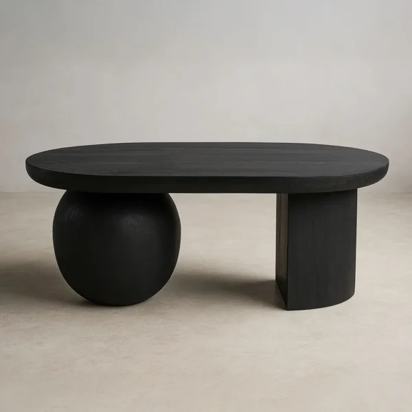 Uri 38 Inch Oval Coffee Table, Mango Wood Full and Half Spherical Leg, Sandblasted Black