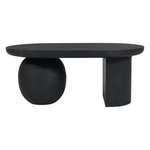 Uri 38 Inch Oval Coffee Table, Mango Wood Full and Half Spherical Leg, Sandblasted Black