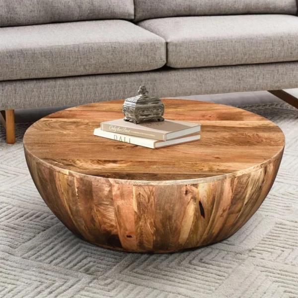 Arthur Mango Wood 35.5 Inch Coffee Table In Round Shape, Dark Brown