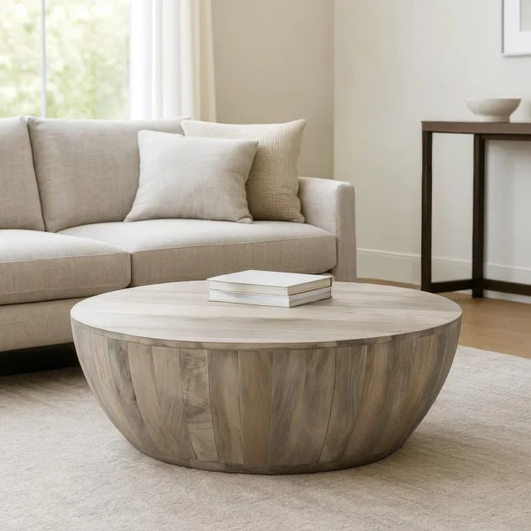 UPT-32181_7 (1) Arthur 35.5 Inch Round Mango Wood Coffee Table, Subtle Grains, Distressed White