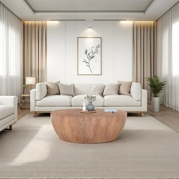 Arthur Drum Shape Wooden 35.5 Inch Coffee Table with Plank Design Base, Distressed Brown