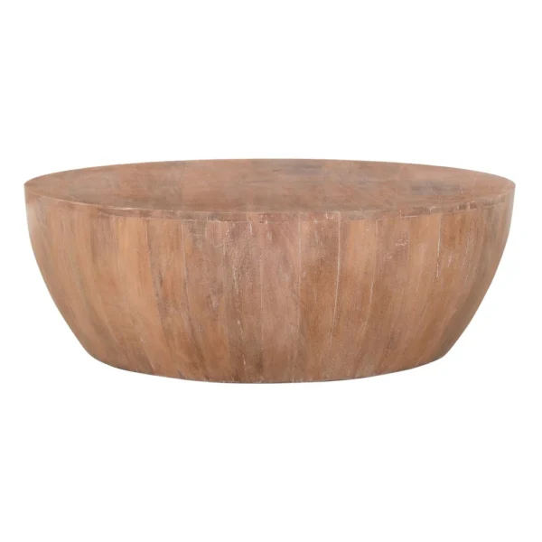 Arthur Drum Shape Wooden 35.5 Inch Coffee Table with Plank Design Base, Distressed Brown