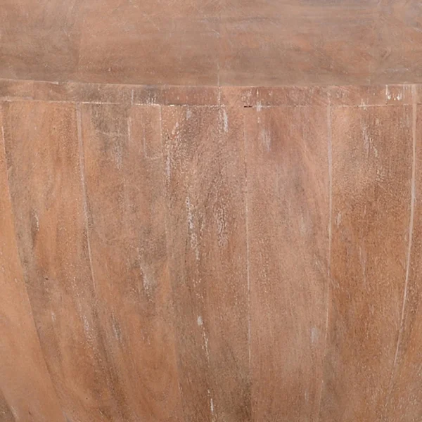 Arthur Drum Shape Wooden 35.5 Inch Coffee Table with Plank Design Base, Distressed Brown