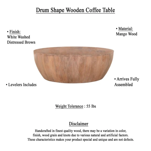 Arthur Drum Shape Wooden 35.5 Inch Coffee Table with Plank Design Base, Distressed Brown