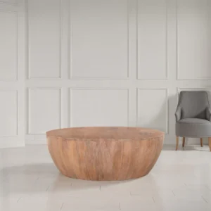 Arthur Drum Shape Wooden 35.5 Inch Coffee Table with Plank Design Base, Distressed Brown