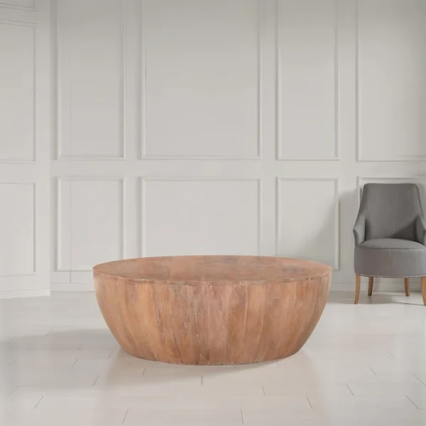 Arthur Drum Shape Wooden 35.5 Inch Coffee Table with Plank Design Base, Distressed Brown
