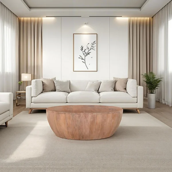 Arthur Drum Shape Wooden 35.5 Inch Coffee Table with Plank Design Base, Distressed Brown