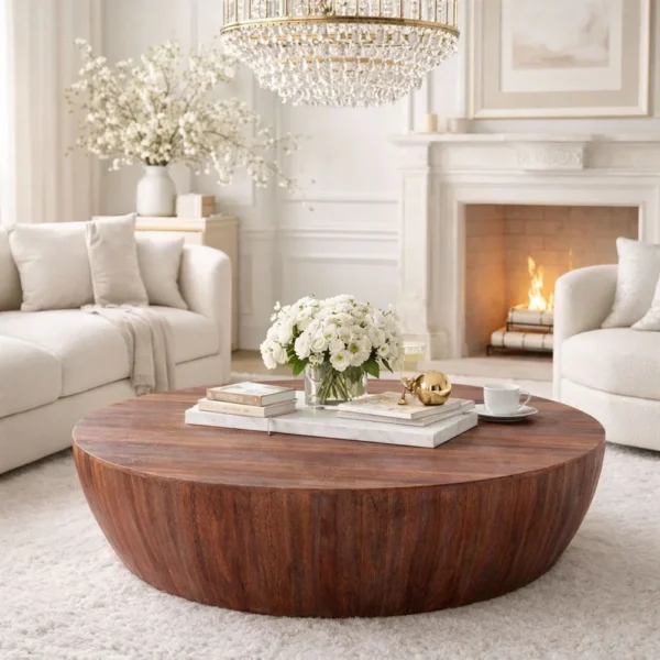 Arthur Handcarved 48 Inch Drum Shape Round Top Mango Wood Distressed Wooden Coffee Table, Brown